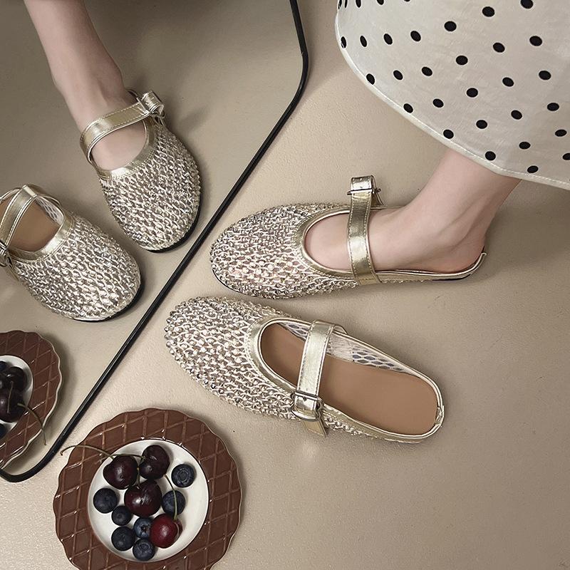 Premium sense rhinestone Mary Jane bag head half slippers women's 2025 new summer wear half tray single shoes French sandals