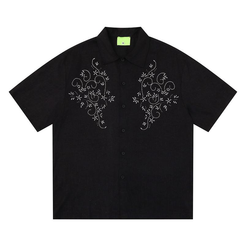Trendy brand popular 2026 summer new Japanese retro flower embroidery design casual loose men s and women s short-sleeved shirts M чёрный