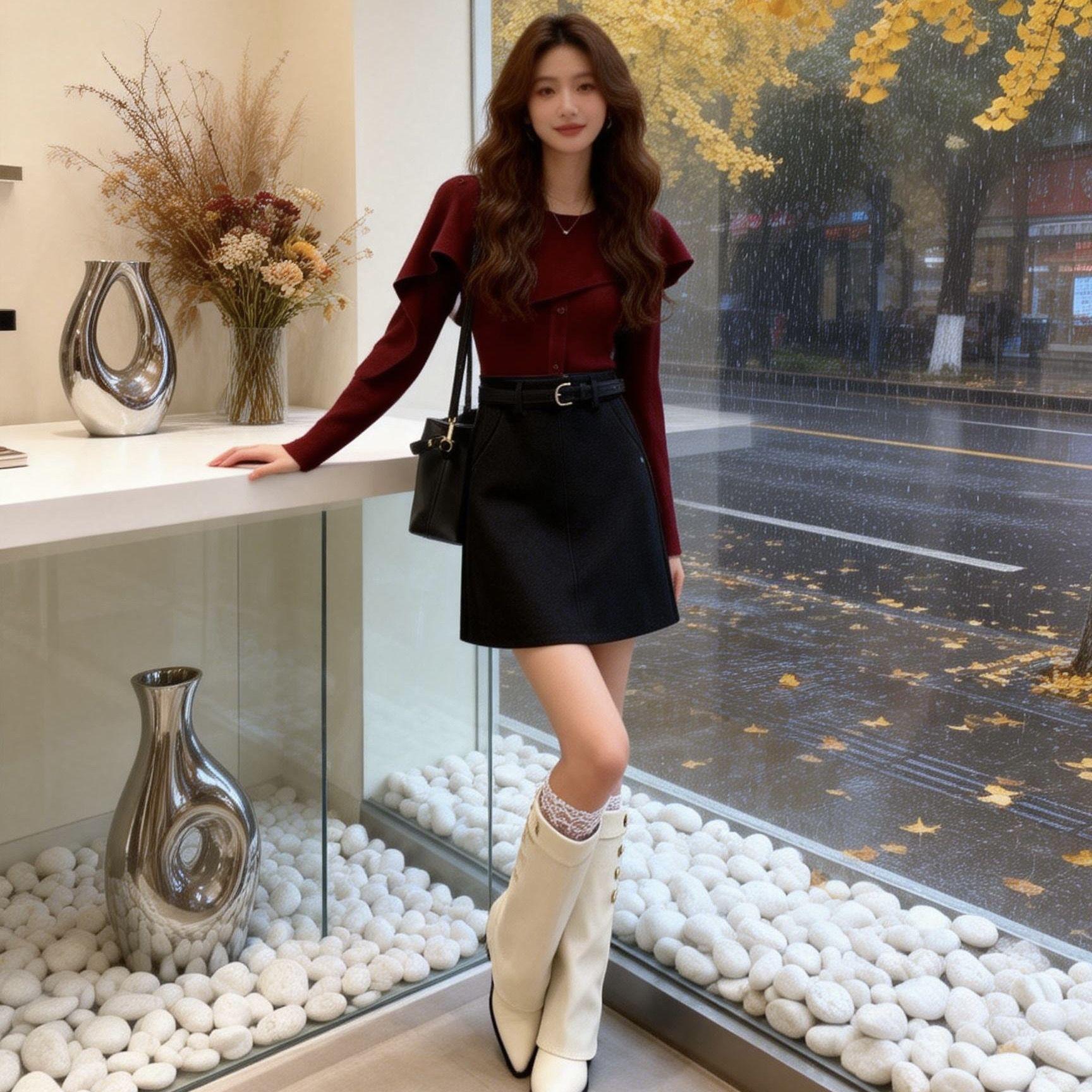 2026 Spring Irregular Knit Top  Wool A-line Skirt Two-Piece Set Extra Large вино красного