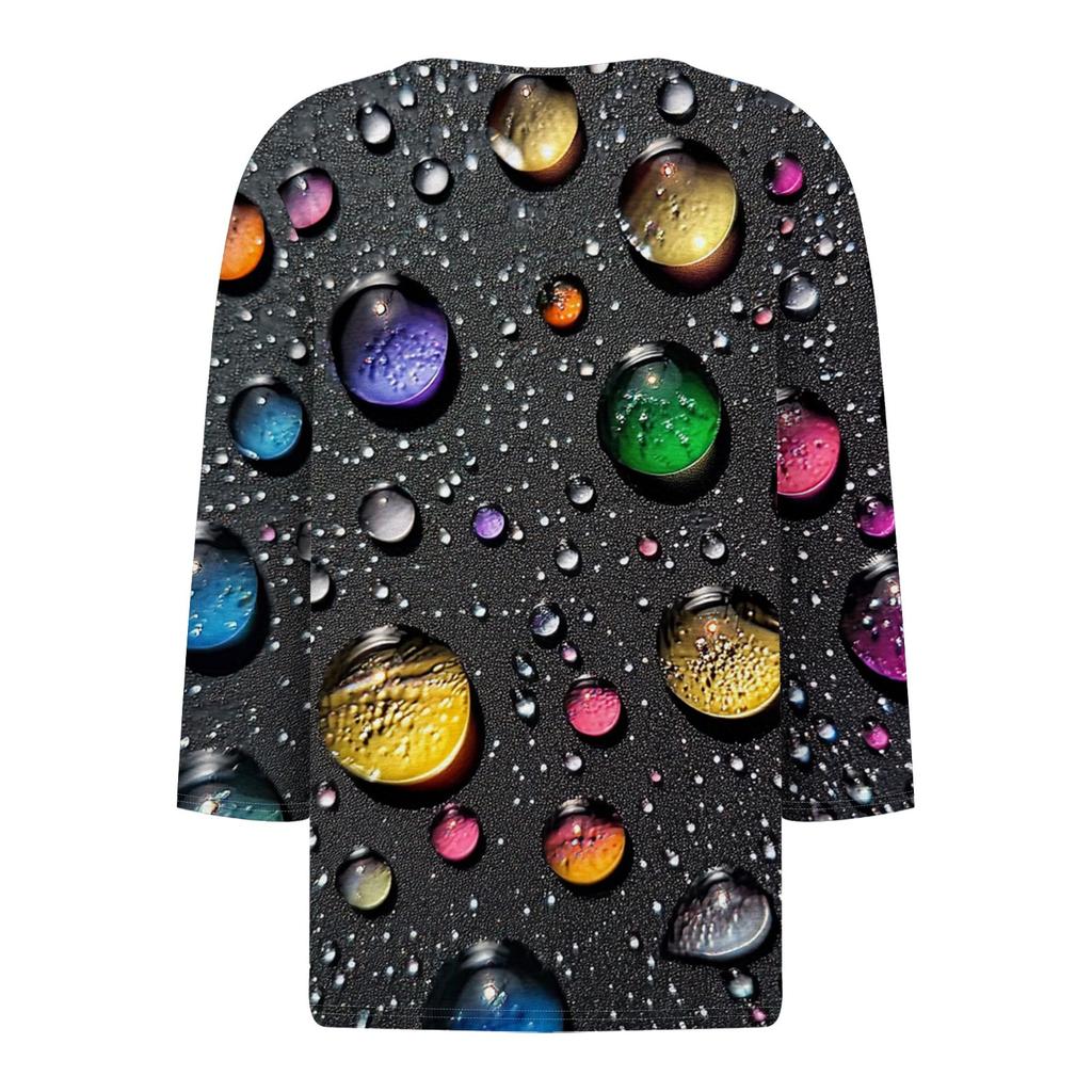 Damska koszulka z nadrukiem na guziki, rękaw 3/4, codzienna, weekendowa, modna, podstawowa, dekolt w serek, regularny top