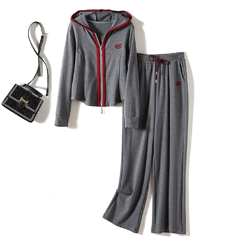 

Брендовый Повседневный Костюм с Капюшоном! Женский свитер-пальто с длинными рукавами и окантовкой на молнии спереди + брюки прямого кроя на шнуровке Gray XXL