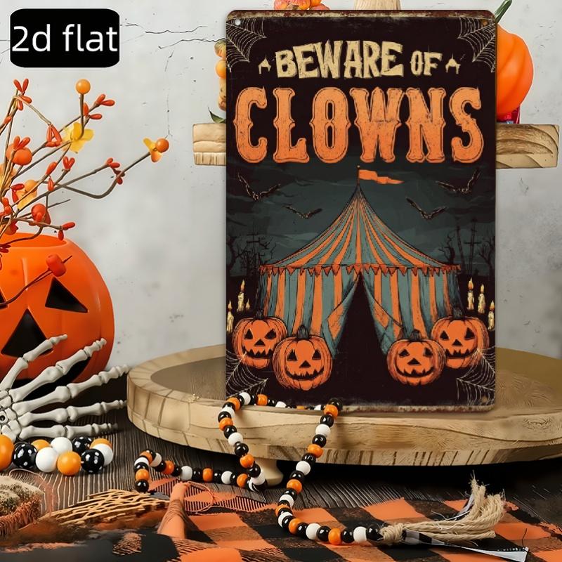 Decorative Sign And Plaque, 1pc Vintage Halloween Metal Sign, Creepy Circus Clown, Clown Warning Decorations, Gothic Halloween Party Wall Art, Sturdy