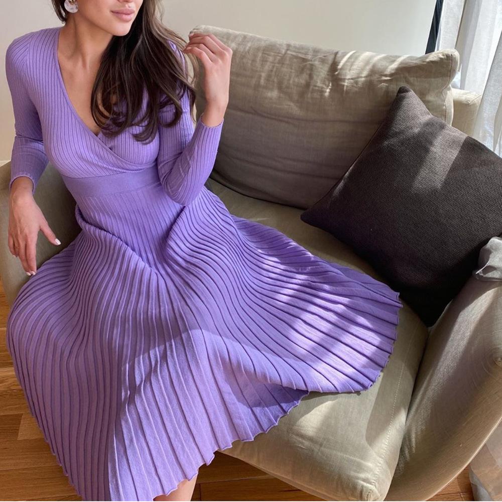 Women's V-Neck Ribbed Long Sleeve Knit Dress with Pleated Hem in Lavender and Beige