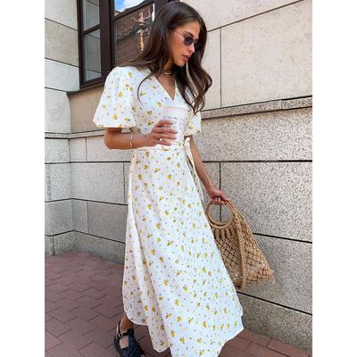 Casual Women's Summer Dresses Cotton Floral Print A-line Midi Dress with Side Slits Long Elegant White Dress for Women
