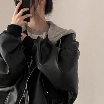 Chic Spring Autumn Niche Retro Stud Buckle Double Pocket Casual Loose All-match Fake Two-piece Hooded Leather Jacket
