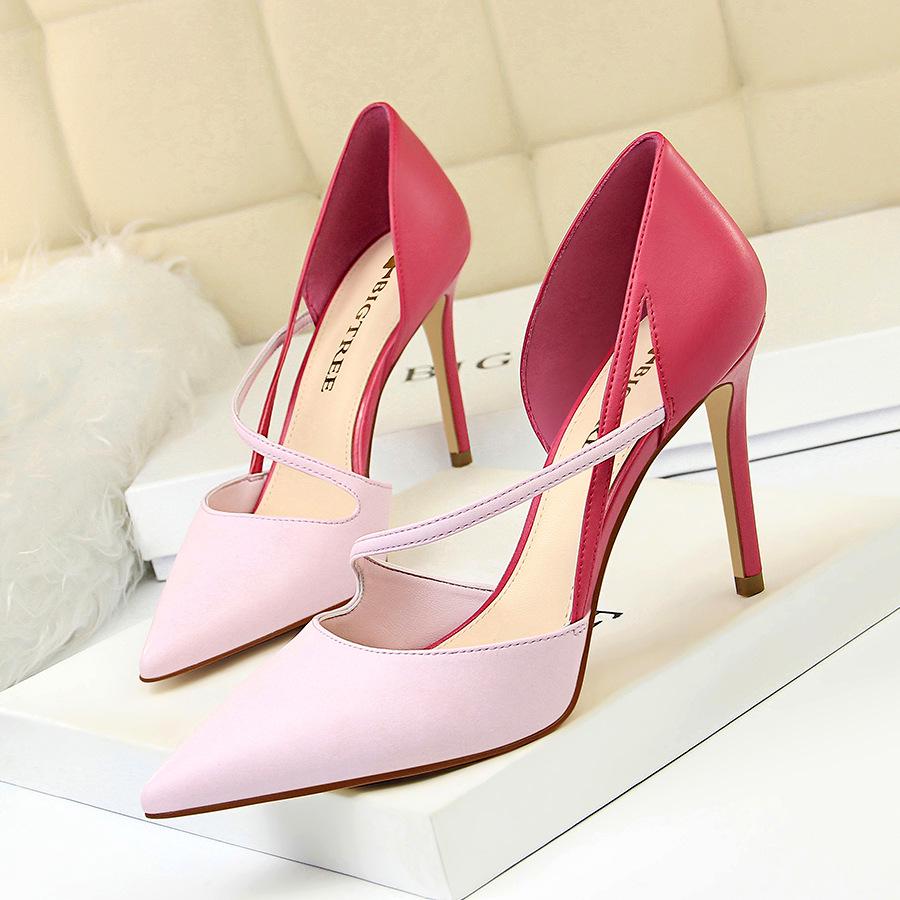 

Bigtree Women s Fashion Sweet Single Shoes Light Mouth Pointed Color Matching Hollow Out One Line 9.5CM High Heel Shoes 34 ярко-розовый