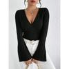 Women's V Neck Long Sleeve Ribbed Knit Slim Fit Casual Top Blouse