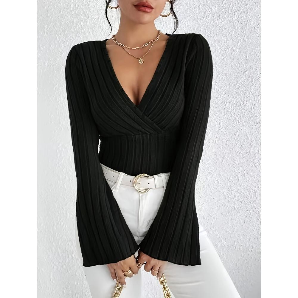 Women's V Neck Long Sleeve Ribbed Knit Slim Fit Casual Top Blouse