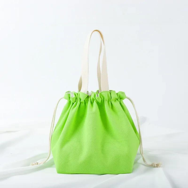 Small Fresh Drawstring Canvas Bag Hand Handbag Japanese Portable Bento Bag Large Capacity Bunched Lunch Box Bag