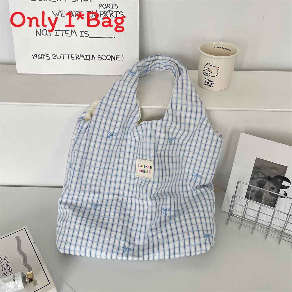 Summer Plaid Embroidered Tote Bag With Zipper Pocket For Casual Day Out