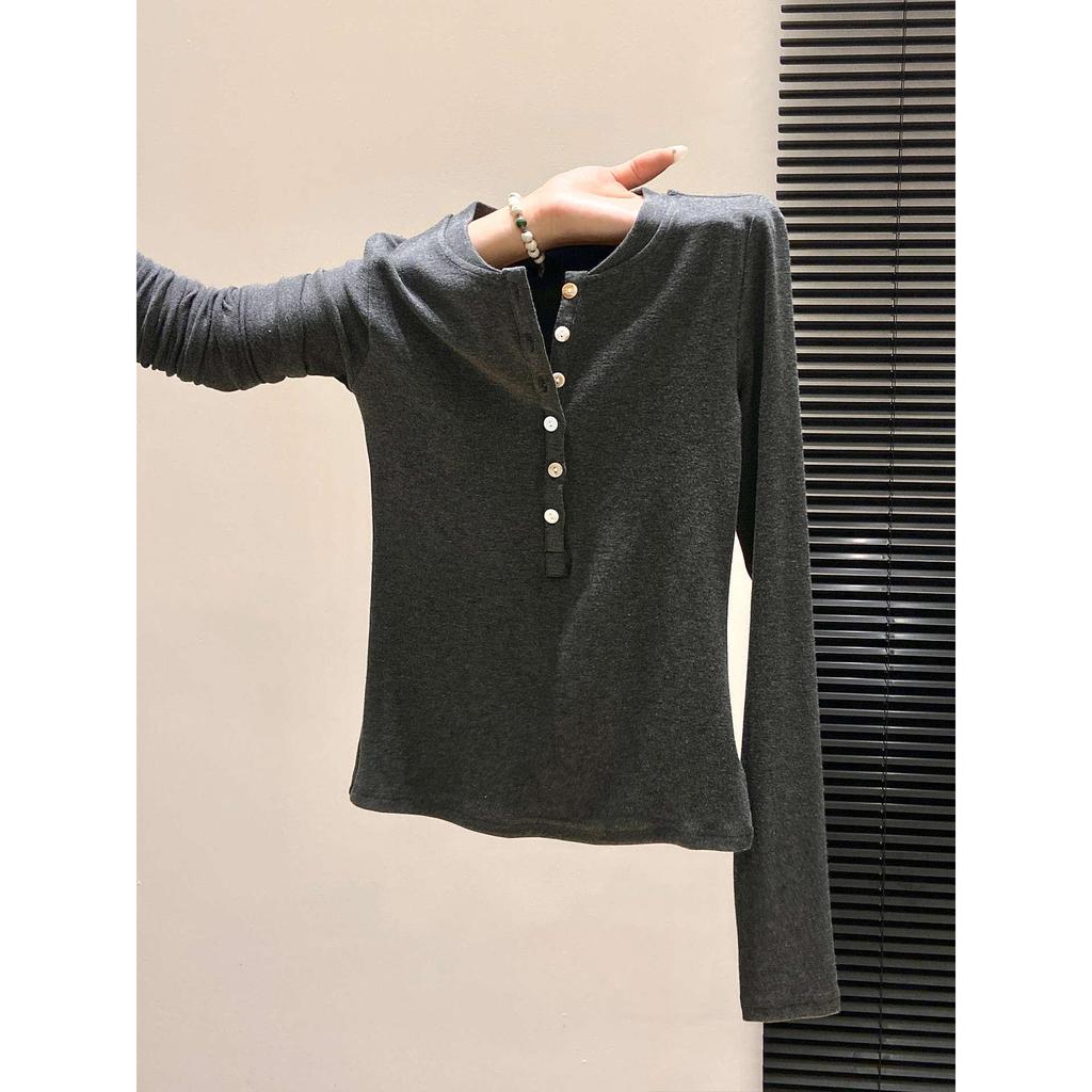 Women's BM-Style Button-Up Henley Long-Sleeve T-Shirt, Slim-Fit Stretchy Top with Imitation Cashmere Lining for Autumn/Winter/Spring