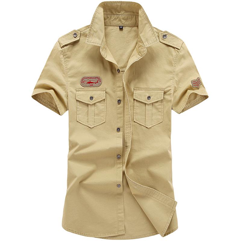2019 Men's Plus Size Summer Outdoor Casual Cotton Workwear Shirt with Shoulder Epaulets