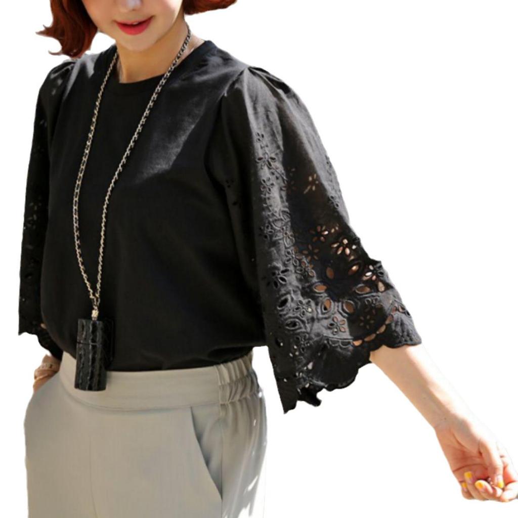 2024 Summer Women's Casual Solid Color Embroidered Cutout Mid-Sleeve T-Shirt