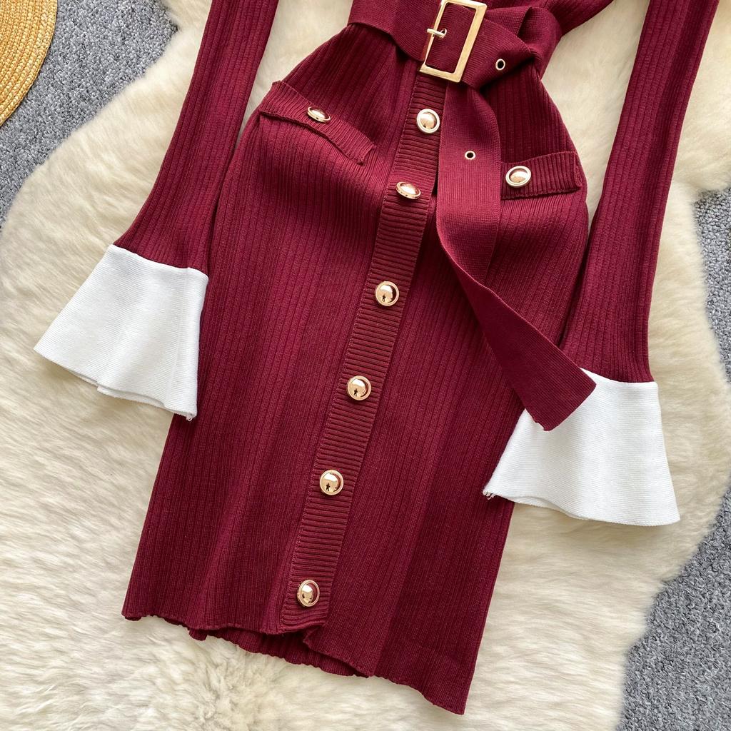 Podzim Zima Dámský Svetr s Dlouhým Rukávem Pletený Vánoční Párty Šaty Mini Krátké Pouzdrové Bodycon Šaty s Páskem