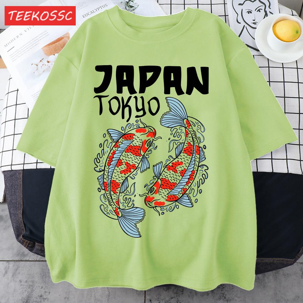 Harajuku Japan Tokyo Koi Print Man TShirt Summer New Loose Short Sleeve ONeck Cotton T Shirts Trendy Unisex AllMatch Clothes