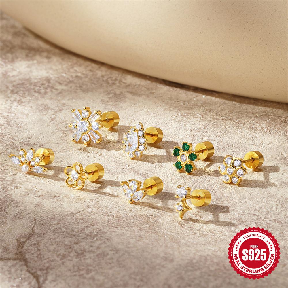 S925 Sterling Silver Daily Versatile Geometric Diamond-Set Cartilage Spiral Thick Bottom Flat Head Piercing Earrings Earrings Women