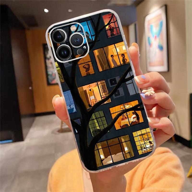 

Phone Case Carcasa Funda For iPhone 17 Pro Max Air 16 15 14 13 Pro Max 15 16 Pro 15Plus House Night Light Moon Scenery Case iphone 15ProMax