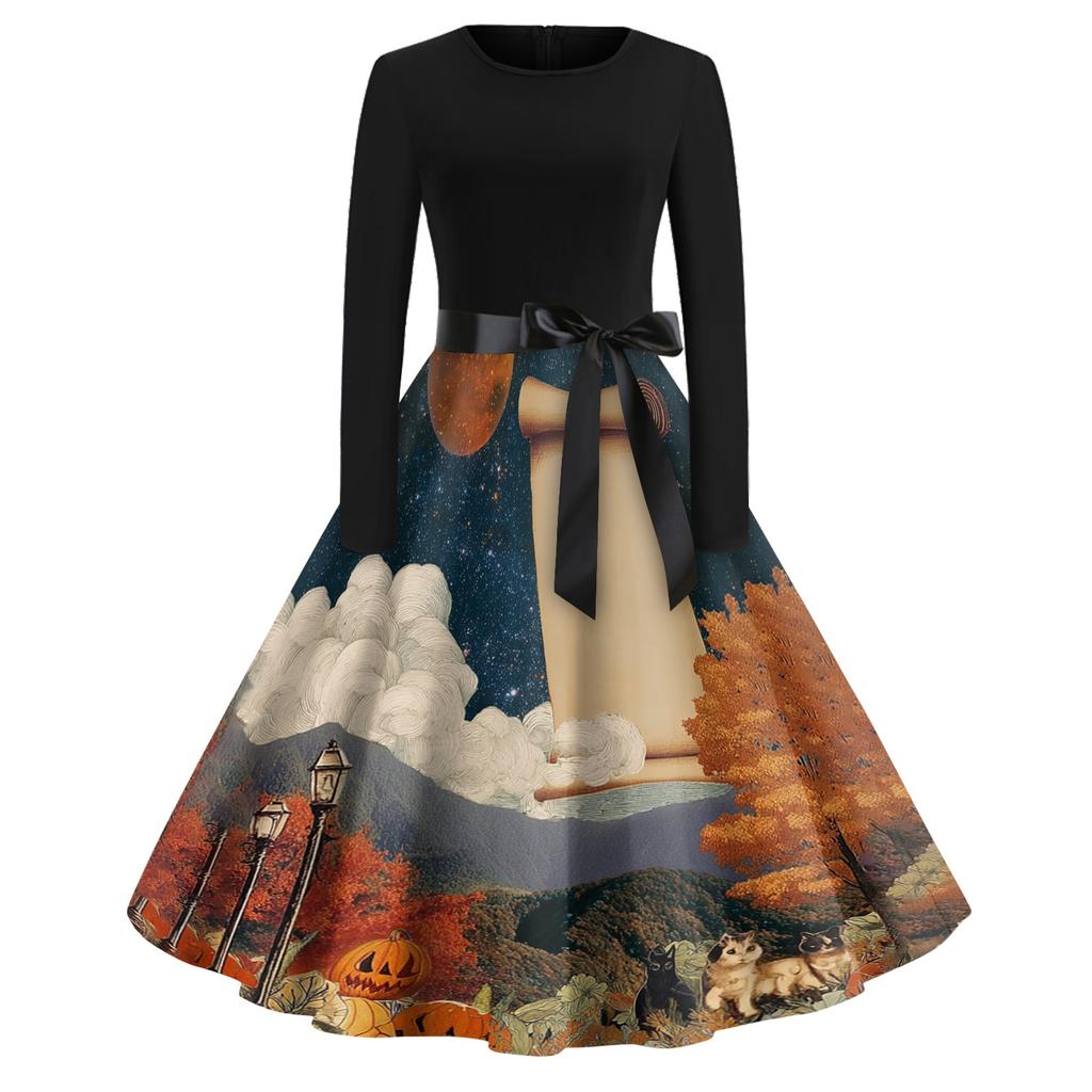 Women's Casual Vintage Halloween Print Dress Long Sleeve Round Neck A-Line Retro Style Midi Dress with Waist Tie for Seasonal Wear