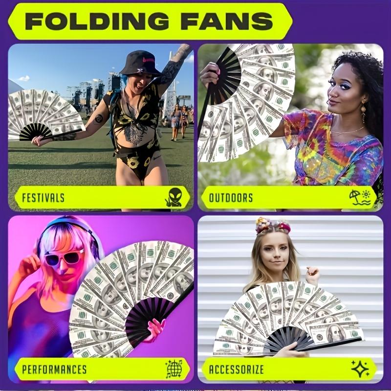 A large bamboo folding fan with a money print - no charging, no battery required - perfect for EDM, music festivals,clubs,events,decorations and gifts