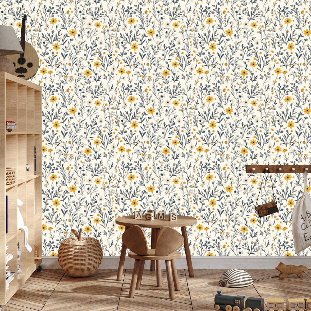 Wild Flowers Wallpaper Light Gray and White for Living Room and Bedroom 50x1000