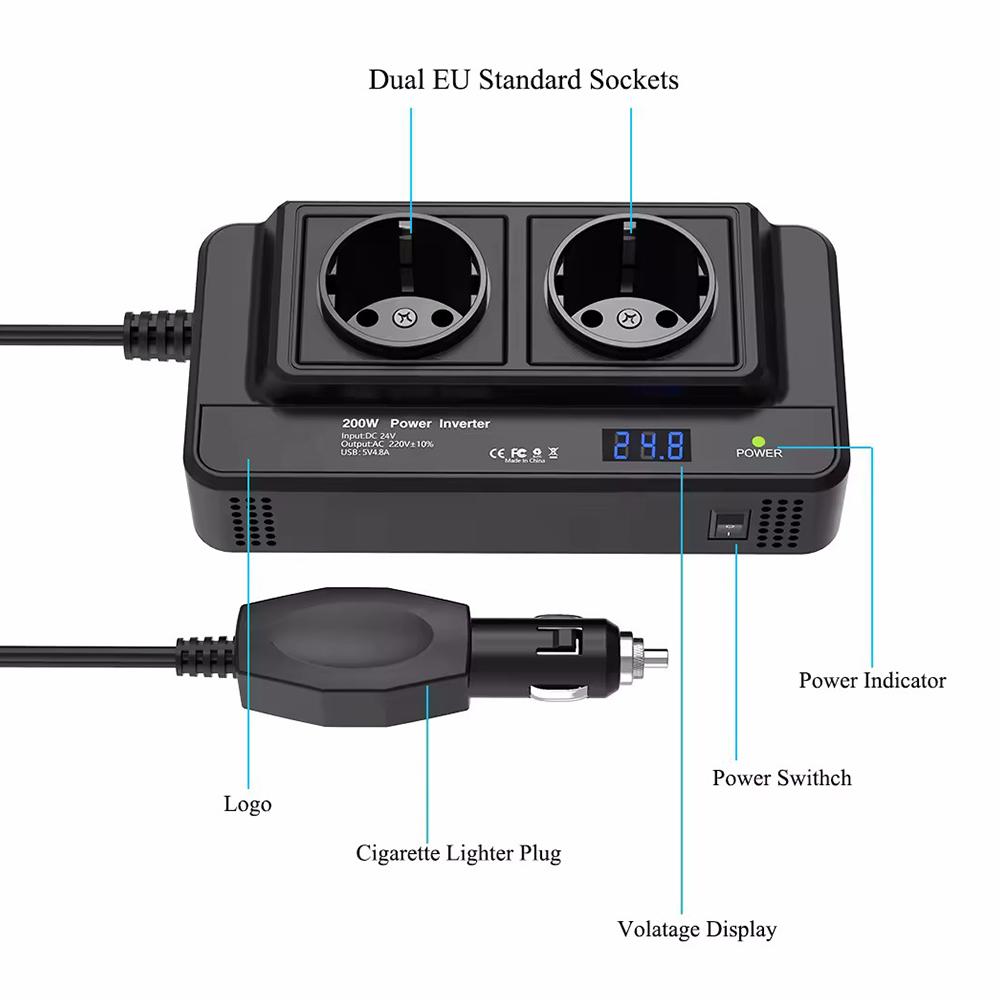 400W Peak Power Auto Mounted Inverter DC To AC AC EU Socket Car 200W Inverter 4 USB 12V to 220V Accessories Cigarette Lighter