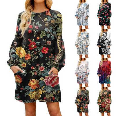 Fashion Womens Long Sleeve A Line Dress Fall Casual Pullover Crewneck Loose Fit Dress With Pockets