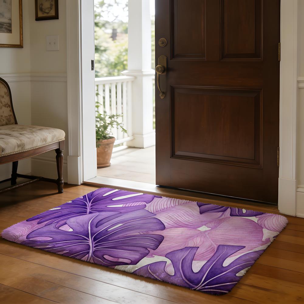 Purple Tropical Leaves Floor Mat Soft Flannel Absorbent Mat Non-Slip Rug Home Bedroom Bathroom