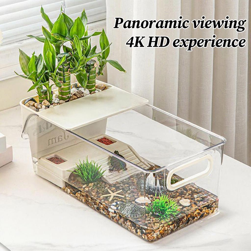 Turtle Tank Multi-functional Aquarium Transparent Terrarium With Basking Area For Reptile Feeding Tortoise Hermit Crabs Frog