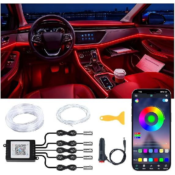 Interior Car LED Lights Wireless APP Control 5 In 1 RGB Ambient Lighting Kit With 236" Fiber Optic, 16 Million Colors Music Sync Waterproof LED Strip