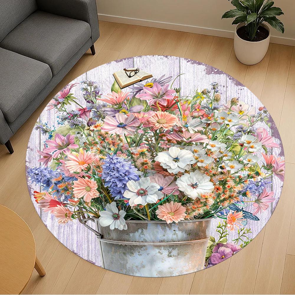 1PC Flowers Bucket Office Round Area Rug, Under Office Chairs Bedroom Living Room Home Decor, Carpet for Office -1110024