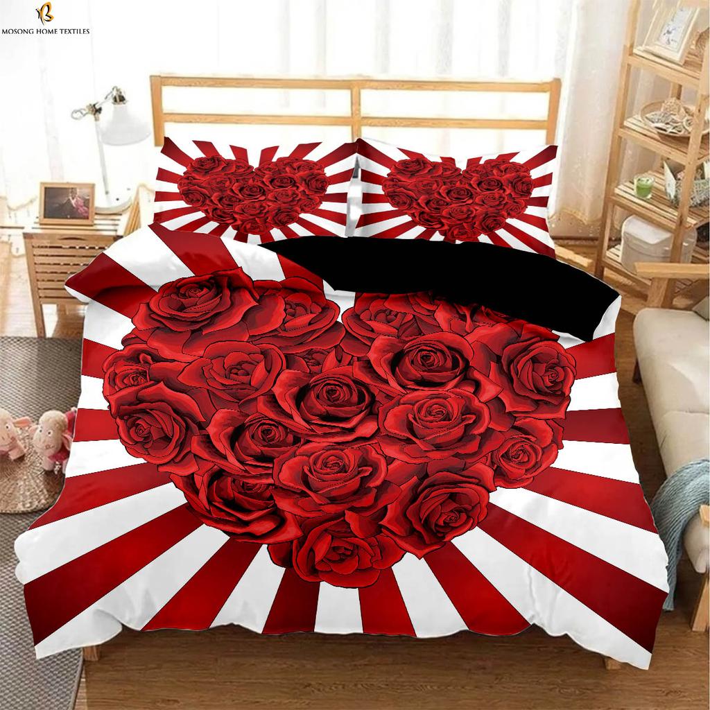Valentine Day Romantic Red Rose Printing Quilt Cover Black White Color Matching Bedding Set Pillowcase Curtain Polyester