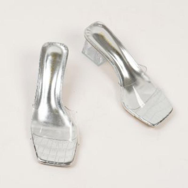 

Summer new fashion outer wear sandals transparent crystal high heels thick heel square head word with slippers women 43