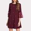 Women Casual Patchwork Tulle Polka Dot Crew Neck Loose A-line Dress