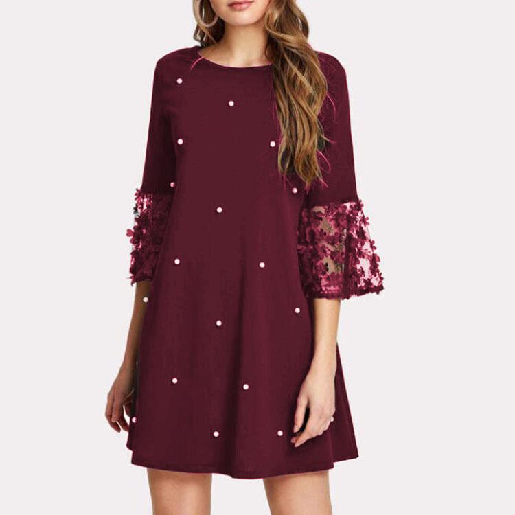 Women Casual Patchwork Tulle Polka Dot Crew Neck Loose A-line Dress