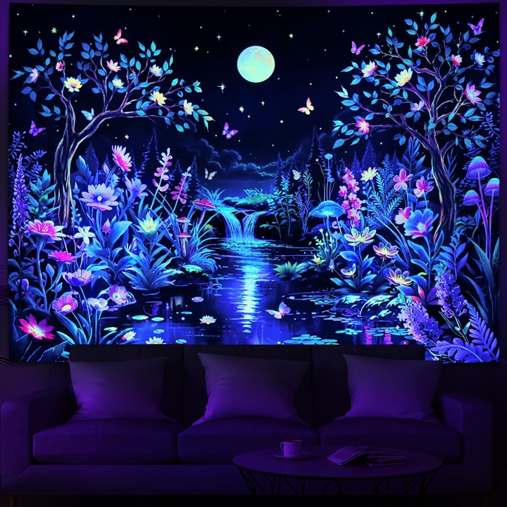 Serborlur Blacklight Fantasy Forest Tree Tapestry UV Reactive Floral Plant Tapestries Trippy Moon Butterfly Wall Art Decor Nature Landscape Wall