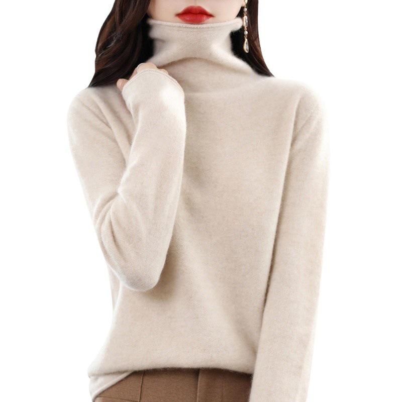 Women's Cowl Neck Wool Sweater: Slimming Autumn/Winter Cashmere Knit Base Layer, Long Sleeve.