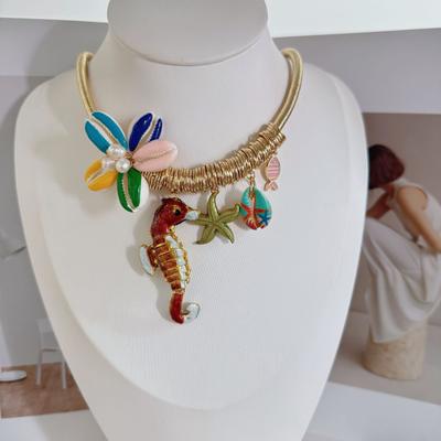 Accessories, Metal Multicolored Flower Seahorse Pendant Necklace, Beaded Creative Collarbone Item