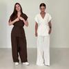 2025 Summer European & American Slimming V-Neck Top & Wide-Leg Pants Two-Piece Set