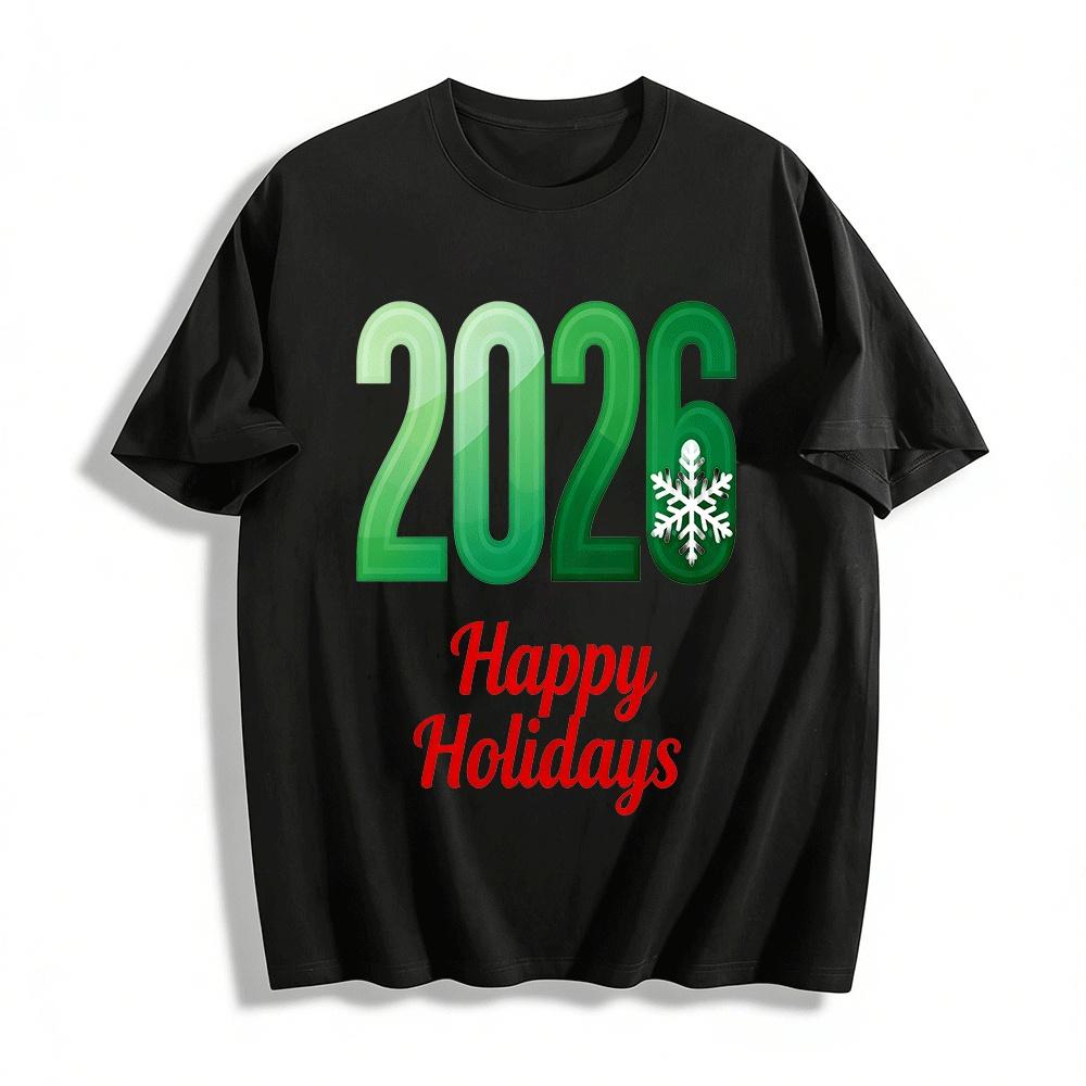 

2026 Happy Holidays Snowflake Print Casual Festive Top Pure cotton T-shirt XXS