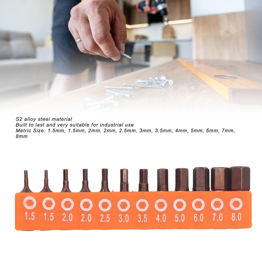 12pcs S2 Alloy Steel Hex Bit Set Magnetic Tips 1/4 Inch Shank Allen Wrench Drill Bit Set Storage Holder 25mm Length