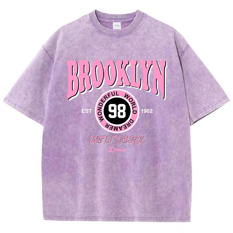 Camisetas Femininas Lavadas Brooklyn Wonderful World Dreamer Estampadas Algodão Oversize Gola Redonda Roupas de Rua