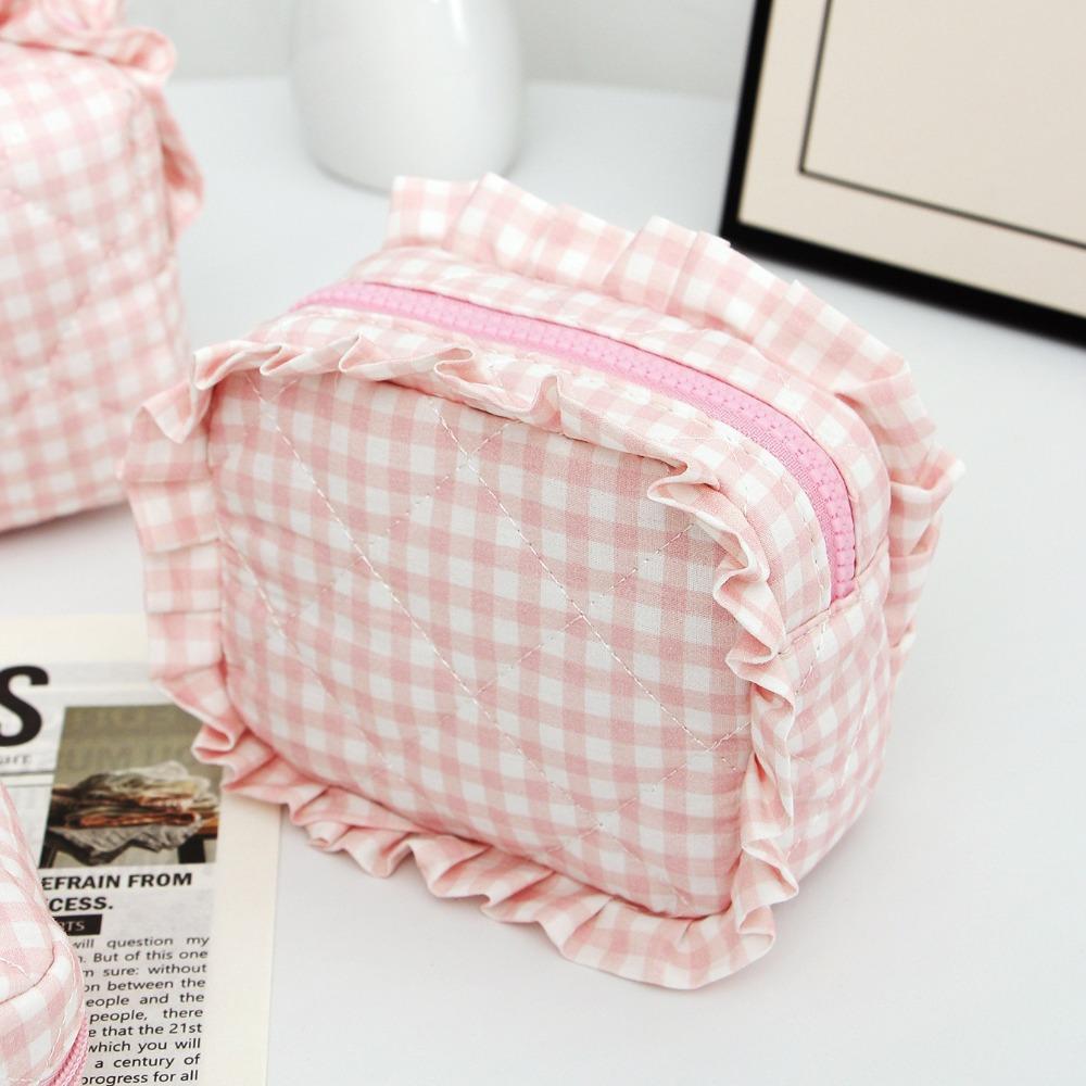 Portable Makeup Bag Quilted Design Multifunctional Makeup Brush Storage Bag Plaid Pattern with Zipper Travel Toiletry Bag