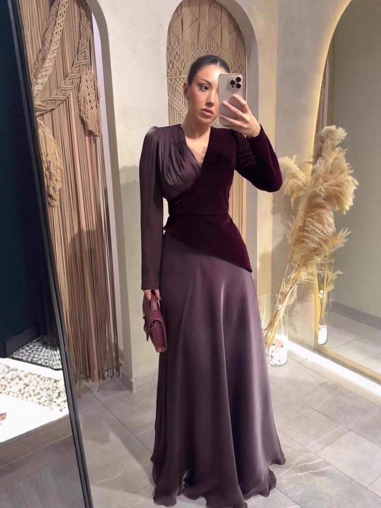 European Style Waist-Cinching Retro Spring Long Dress with Long Sleeves - Light Luxury 2026 Arrival