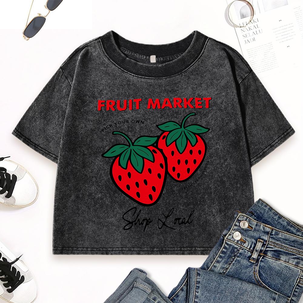 Fruit Market Strawberry Printed Washed T Shirts Women Cotton Slim T-Shirt Summer Crop Clothes Crewneck Streetwear