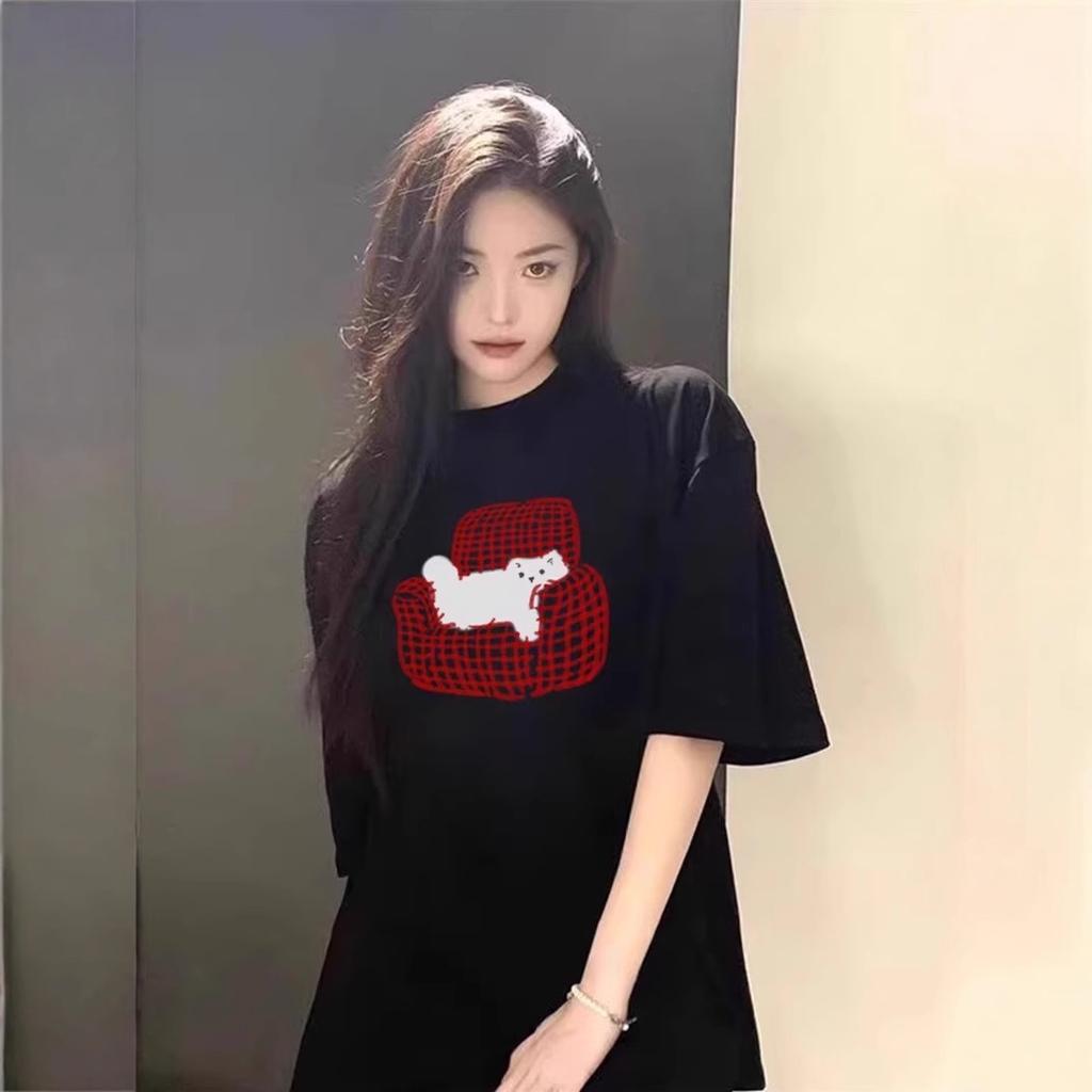 Women's Round Neck Short Sleeve Cotton T-Shirt Loose Fit Cute Cat Print Casual Summer Top