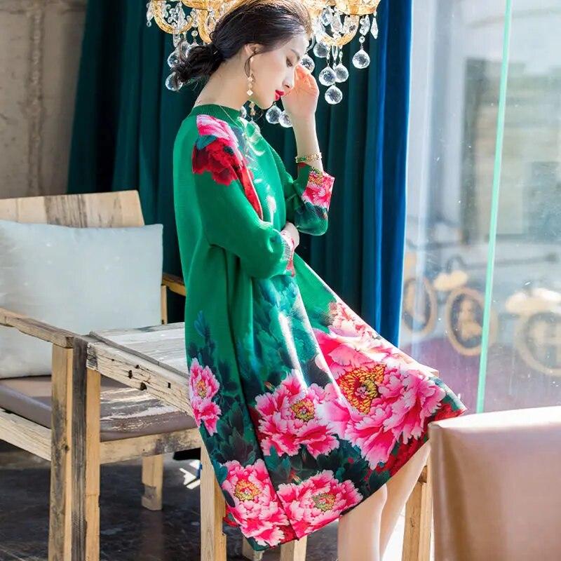 Frauen kleiden China stil mode lose falten kleid weibliche herbst neue sieben-punkt ärmel druck langen absatz rock kleid