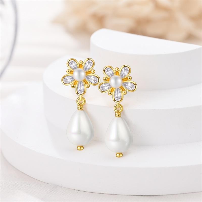 Women's 925 Silver Classic Gold Pearl Inlaid Earrings Elegant Suitable For Engagement Wedding Party Exquisite Jewelry