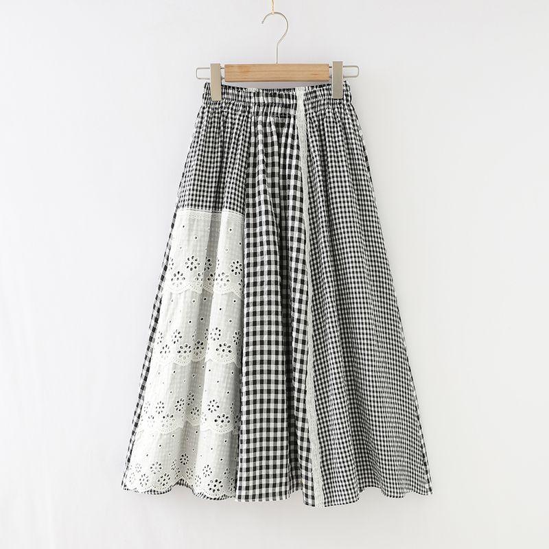 

Внешняя торговля Оригинальный заказ Экспорт Излишки заказа Весна и лето Новый Кружевная строчка Неровная юбка Женская Юбка-зонт в клетку с высокой талией Black All yards
