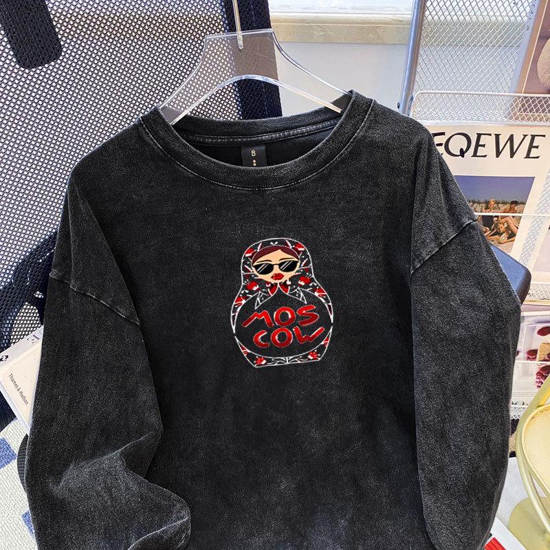 European & American Style Loose Mid-Length Pure Cotton Printed Long-Sleeve Women's T-shirt