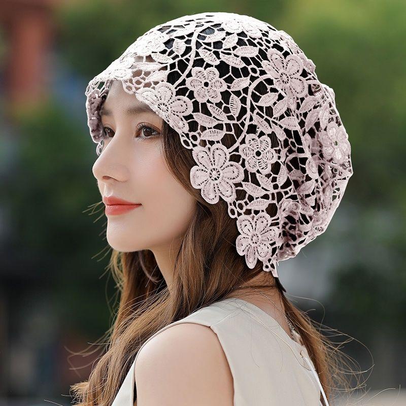 Women's Spring Summer Thin White Hair Cover Hollow Breathable Slouchy Lace Turban Flower Hat